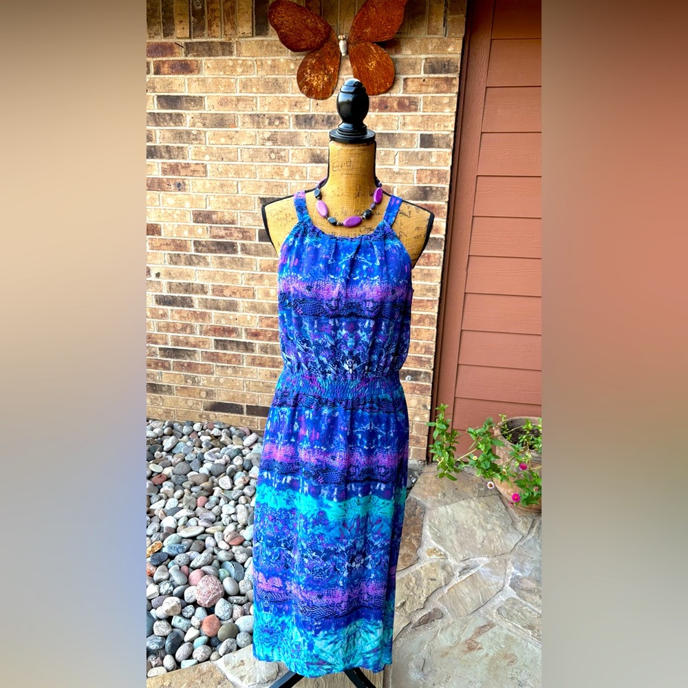 CHICO’S Purple Watercolor Halter Brooke Dress Lined High-Low Size Medium 1.5